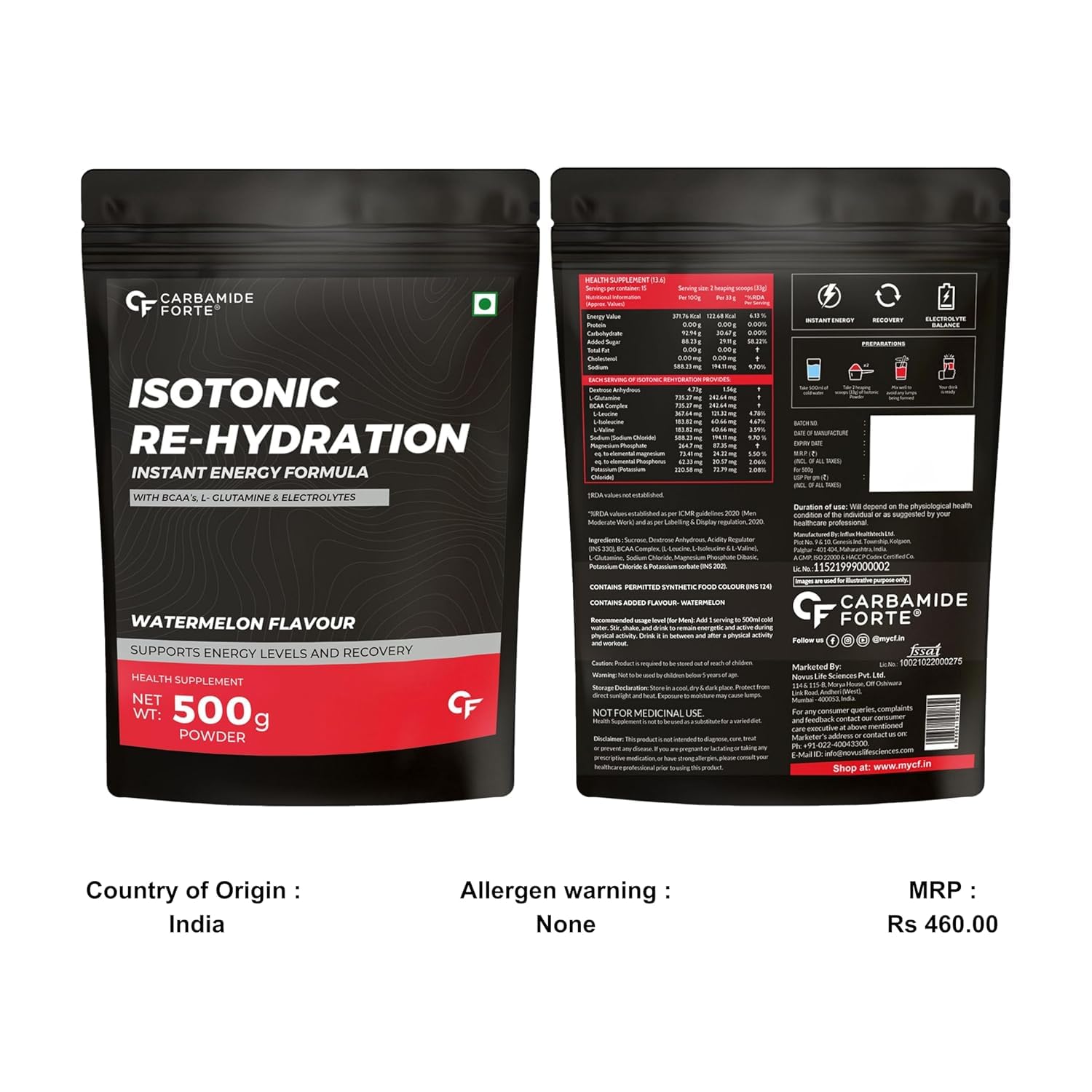 Carbamide Forte Watermelon Pre-Workout Powder 500g with BCAA & Electrolytes