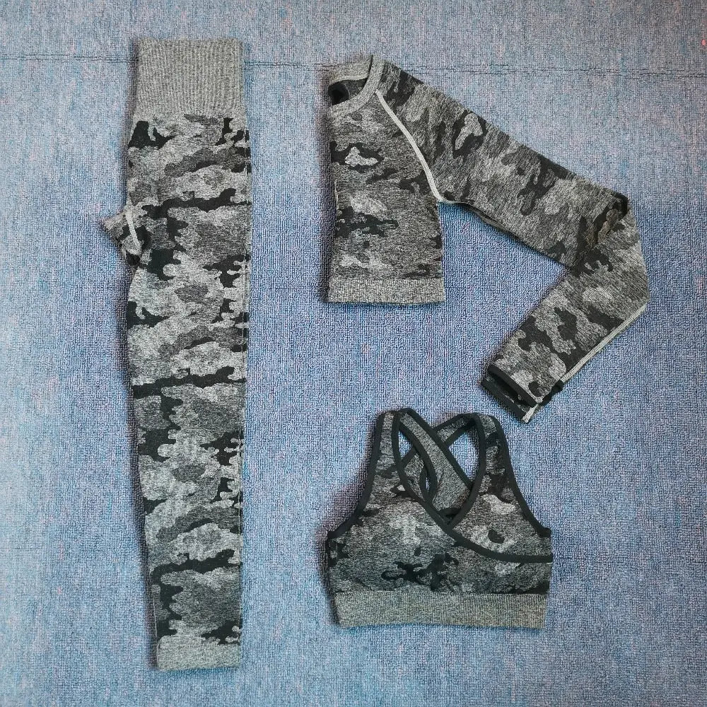 3PCS Camouflage Yoga Set for Women Seamless Fitness Yoga Bra Sports Bra High Waist GYM Camo leggings Pants Fitness Suits Workout