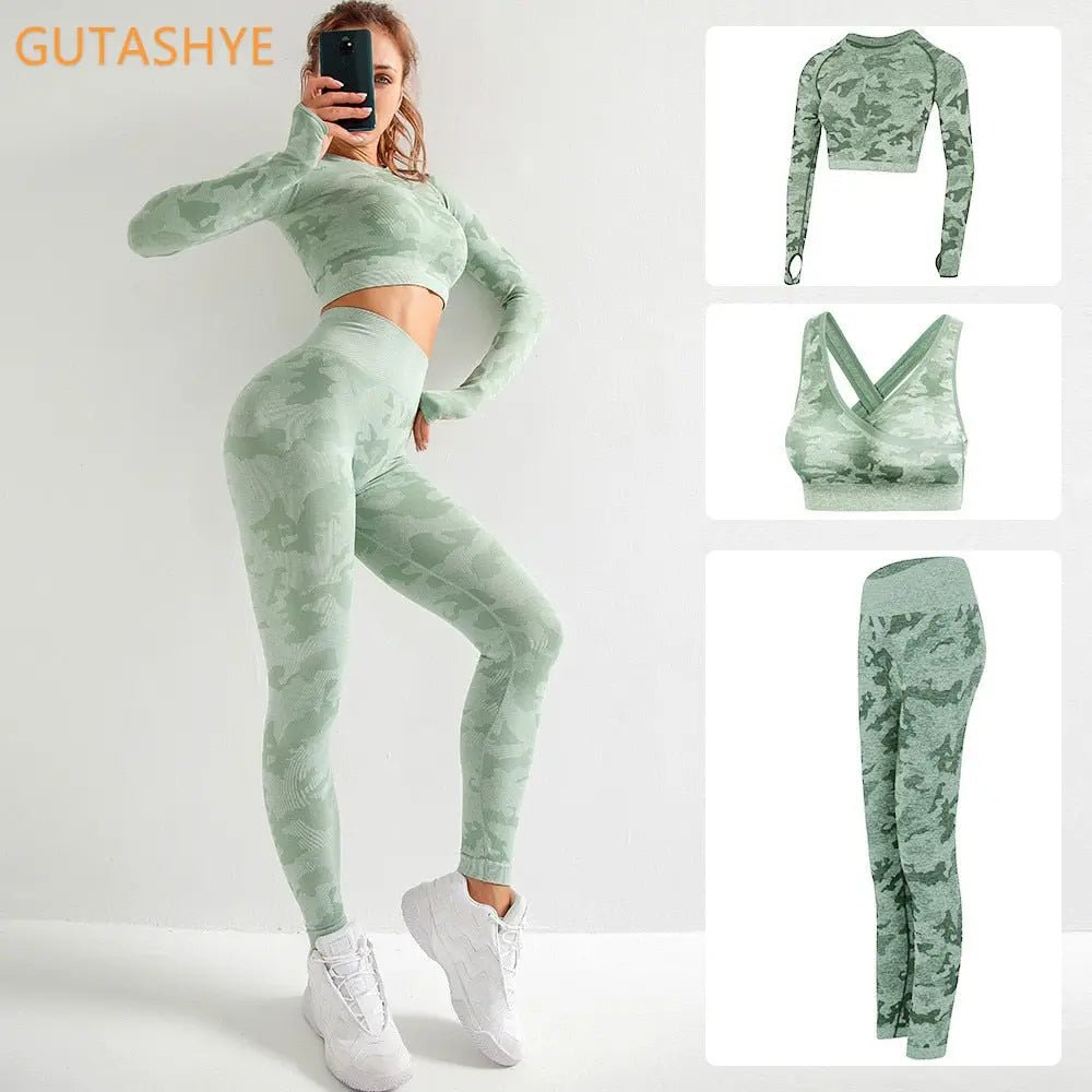 3PCS Camouflage Yoga Set for Women Seamless Fitness Yoga Bra Sports Bra High Waist GYM Camo leggings Pants Fitness Suits Workout