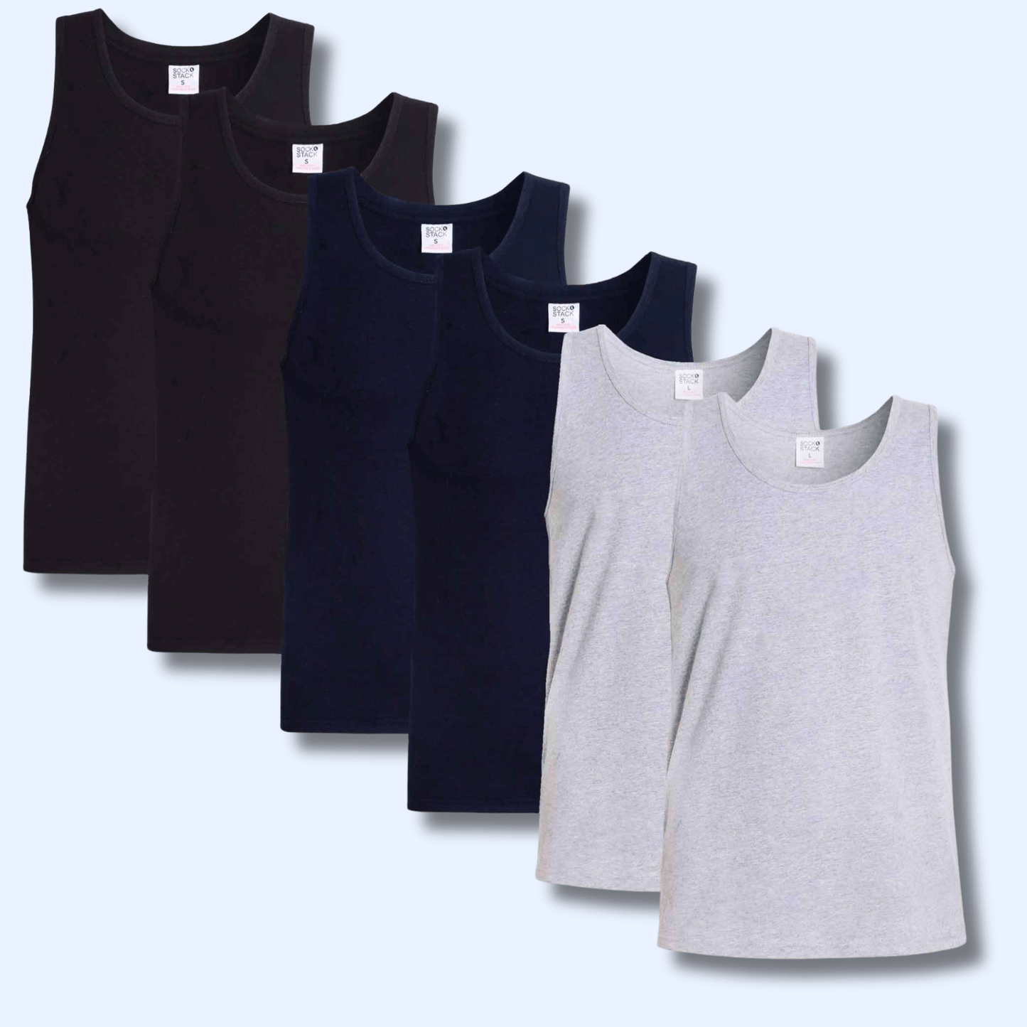 Pack of 6 Men's Cotton Blend Gym Muscle Vests Fitted Lightweight Comfortable Breathable Summer Wear Sizes S to XXL Available in Black Grey Navy White by Sock Stack